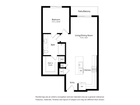 A floor plan of a home with a living room, dining room, kitchen, bath, and bedroom.